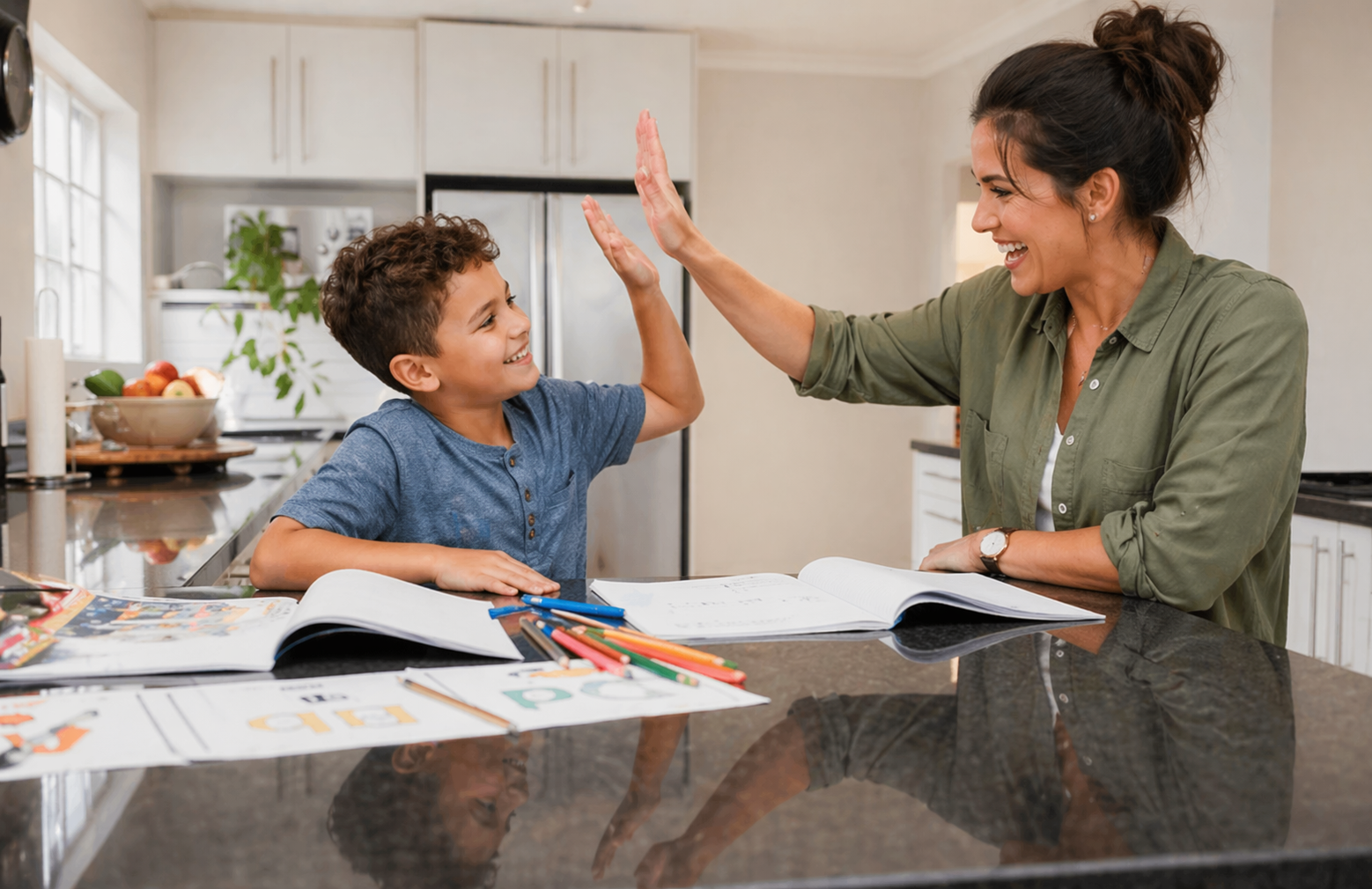 Homeschool parent and child sharing a high five after schoolwork